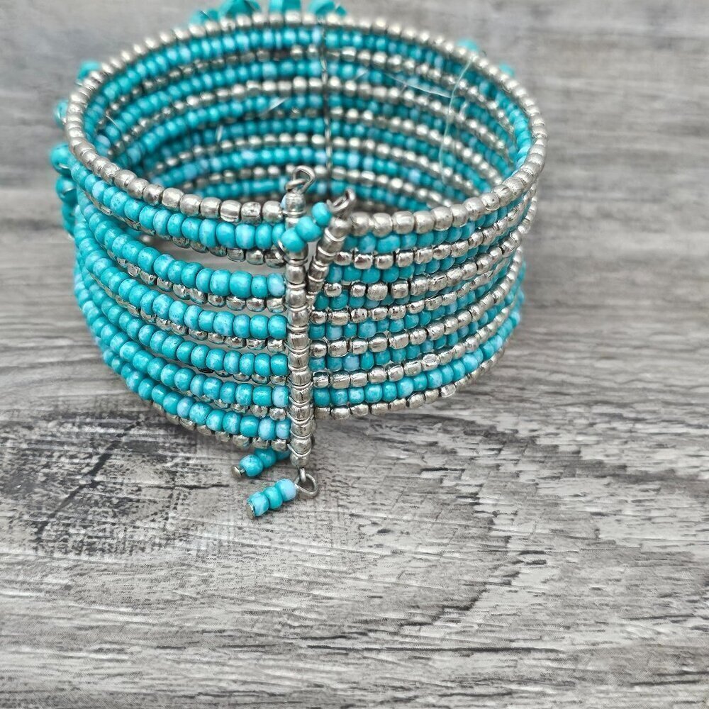 ❤️Western Boho Blue Faux Turquoise Blossom Flower Vintage Beaded Cuff Bracelet - Picture 4 of 8